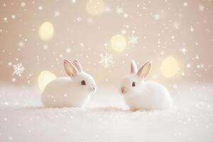 Two fluffy white rabbits sit together on a snowy surface, surrounded by soft falling snowflakes and warm glowing lights during winter photo