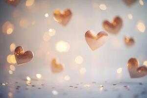 Floating golden hearts create a romantic ambiance with soft lighting in a dreamy setting for celebrations and love stories photo