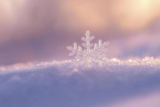 A delicate snowflake glistens on a soft layer of snow during a tranquil winter morning in a serene landscape photo