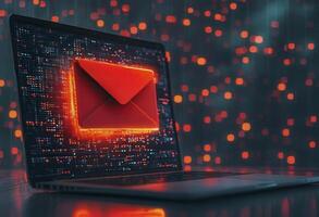 A glowing red envelope icon appears on a laptop screen amidst colorful digital lights representing online communication at night photo