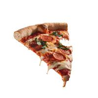 A mouthwatering bite-sized pizza slice placed on a white background, viewed from the top. photo