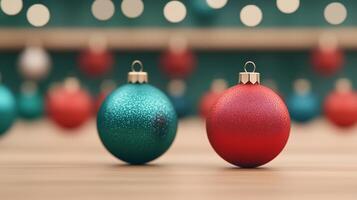 3D Christmas Ornament Catalog Displaying Vibrant Red and Green Baubles with Festive Bokeh Background for Seasonal Home Decoration Inspiration and Holiday Design Concepts photo