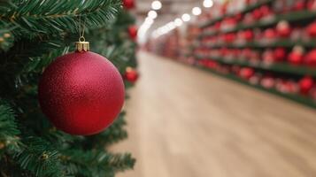 Red Christmas Ornament on Tree Branch in Festive Store Aisle with Holiday Decorations and Blurred Background for Seasonal Shopping Experience and Decorative Design Inspirations photo