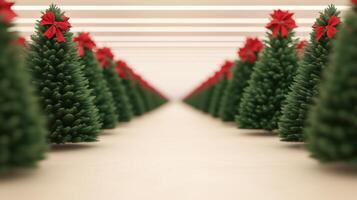 Festive Holiday Store Display With Rotatable 3D Christmas Trees Adorned With Red Bows in Perspective View for Seasonal Decor and Product Showcases photo