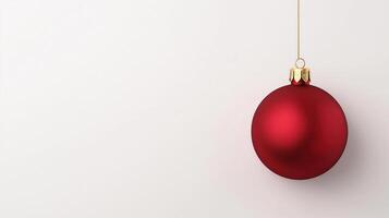 Glossy 3D Red Christmas Ornament Ball Hanging on Plain White Background with Elegant Holiday Decor photo