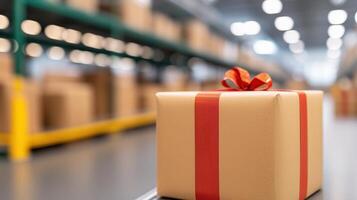 Festive Warehouse Scene with Automated Systems and Gift Boxes for Christmas Season Shipping and Holiday Logistics Featuring Efficient Inventory Management and Industrial Interiors photo