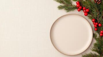 Holiday Menu Design with Earthy Tones Featuring Red Berries and Pine Branches on Textured Beige Background for Seasonal Celebrations and Festive Invitations photo
