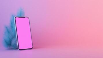 A smartphone with a pink screen on a purple background photo