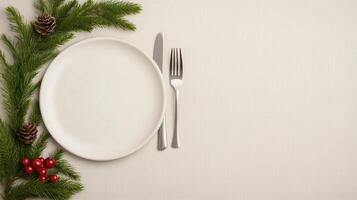 Elegant Festive Menu Design Featuring Script Typography and Natural Elements with Pine Branches, Cones, and Berries for Holiday Celebrations photo