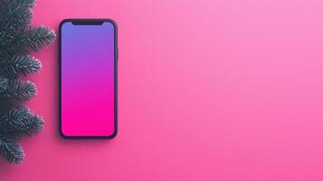 Festive Mobile App Interface with Vibrant Gradients Featuring Smartphone and Pine Branch on Minimalist Pink Background photo