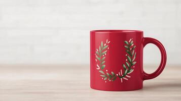 Festive Red Christmas Mug With Script Typography and Glitter on Modern Wood Table Setting for Holiday Cheer photo