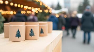 Three mugs with christmas trees on them at a market photo