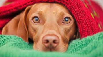 Hungarian Vizsla Relaxing in a Cozy Nest of Red and Green Blankets, Cute Dog Peeking Under Blanket, Warm Textiles, Holiday Ambiance, Festive Pet Portrait, Seasonal Comfort, Happy Expression photo