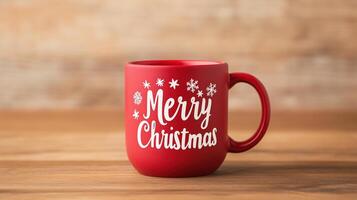 Red Mug with Merry Christmas Text and Snowflakes on Wooden Table for Seasonal Holiday Decor or Festive Winter Drinkware Design with Warm Rustic Background photo
