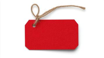 Xmas Red Gift Tag with Brown String on White Background for Holiday and Celebration Design Themes photo