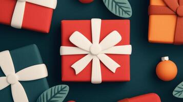 Top Down View of Colorful Festive Gift Boxes with Ribbons and Ornaments on Dark Green Background Featuring Red Green and Orange Holiday Packages photo