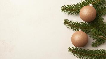 Sustainable Christmas Decor with Eco-Friendly Ornaments on Evergreen Branches for a Minimalist Holiday Design Background in Neutral Tones photo