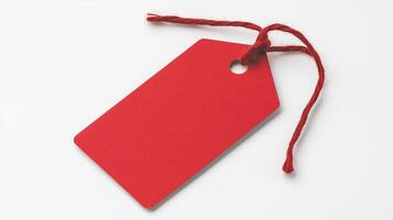 Bright Red Cardboard Tag with String for Retail and Holiday Gifts on White Background photo