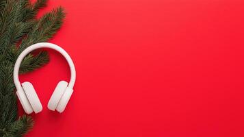 White Headphones with Evergreen Branch on Red Background for Christmas Holiday Decor and Sound Design in Modern Tech Style photo