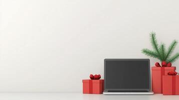 Laptop with christmas gifts and tree on white background photo