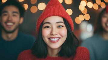 un mujer en un rojo suéter y sombrero sonrisas a el cámara foto