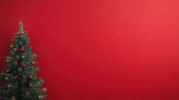 Festive Christmas Background Featuring Decorated Christmas Tree Against Vibrant Red Backdrop Perfect for Holiday Greetings, Seasonal Designs, Winter Celebrations, and Festive Cards photo