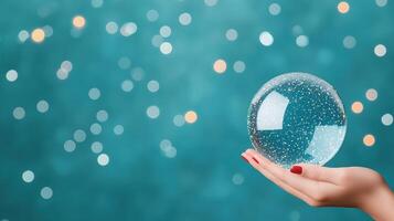 Hand Holding Glass Snow Globe Against Teal Bokeh Background Reflecting Christmas Magic and Abstract Enchantment With Red Nail Polish on Elegant Fingers Creating a Festive Holiday Atmosphere photo