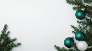 Xmas background Christmas Greeting Card Flat Lay With Fir Branches and Baubles for Festive Season, Featuring Minimalist Design and Copy Space for Holiday Wishes in Green and White Color Scheme photo