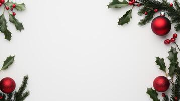 Christmas Greeting Card Featuring Flat Lay Composition with Red Ornaments, Holly Leaves, and Pine Branches on White Background for Holiday Season Decoration and Festive Design photo