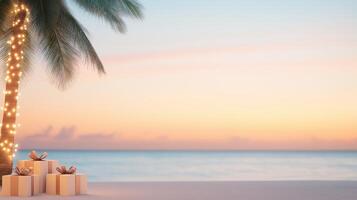Christmas Presents Under Palm Tree with Lights by Tropical Beach at Sunset for Holiday Celebration and Tropical Winter Vibe with Pink and Orange Sky in Scenic Coastal Setting photo