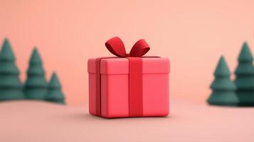 Festive Holiday Gift Box with Red Ribbon Among Abstract Christmas Trees on Soft Pink Background photo