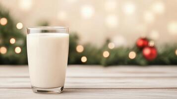 Glass of Milk with Festive Christmas Background Featuring Blurred Bokeh Lights and Holiday Decorations, Perfect for Seasonal Promotions and Celebrations in a Cozy Home Setting photo