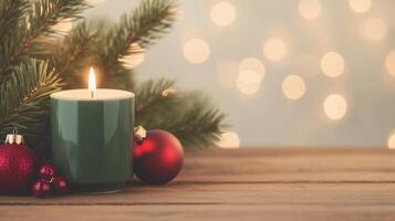 Cozy Christmas Candle with Festive Decorations and Pine Sprigs on Wooden Table Glowing Against Soft Bokeh Background for Warm Holiday Design and Seasonal Greeting Card Inspiration photo