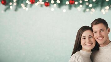 Joyful Couple in Cozy Sweaters with Festive Holiday Background Featuring Pine and Red Ornaments for Christmas Greeting Cards and Seasonal Designs photo