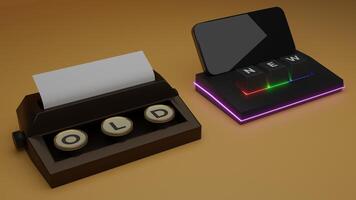 3d Rendered of Old vs New Illustration. Typewriter vs Modern Wireless Keyboard with Smartphone on Orange Background photo