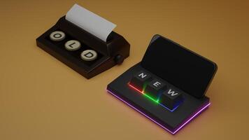 Isometric 3d Rendered of Old vs New Illustration. Typewriter vs Modern Wireless Keyboard with Smartphone photo