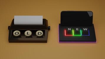 3d Rendered of Old vs New Illustration. Typewriter with a Paper vs Modern Wireless Keyboard with Smartphone on Orange Background photo