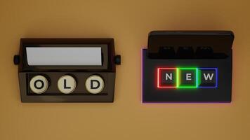 Top view 3d Rendered of Old vs New Illustration. Typewriter vs Modern Wireless Keyboard with Smartphone photo