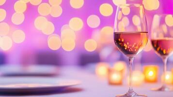 Elegant Corporate Event Venue with Sophisticated Table Setting and Ambient Lighting Featuring Wine Glass and Soft Candles in a Vibrant Pink and Purple Atmosphere for Luxurious Celebrations photo
