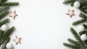 Elegant Festive Christmas Garland With Frosted Pine Branches, Wooden Stars, and White Baubles on Minimalistic Background for Holiday Decor and Seasonal Greetings Card Design photo