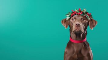 A dog wearing a wreath of holly berries on its head photo
