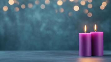 Purple Aroma Candles Lit in Dark Setting With Blurred Bokeh Lights Background for Tranquil Atmosphere and Relaxation Themes in Stock Photography Highlighting Nighttime and Serenity Concepts photo