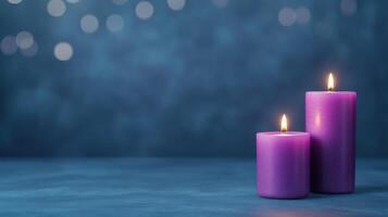 Flaming Purple Aroma Candles at Night on Blurred Dark Background With Soft Bokeh Lights Creating Relaxing, Romantic Atmosphere photo