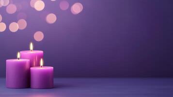 Soothing Purple Aroma Candles with Flickering Flame and Bokeh Effect on Dark Background photo