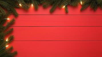 Festive Fir Tree Branches Garland With Lights on Red Wood Background for Christmas Holiday Decor and Seasonal Celebration Design Visual Appealing for Winter Traditions and Warm Festivities photo