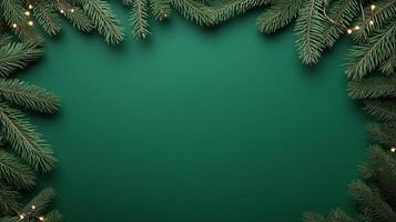 Festive Fir Tree Branch Frame Garland with Twinkling Lights on Green Backdrop, Christmas Holiday Decoration, Seasonal Greenery Border photo