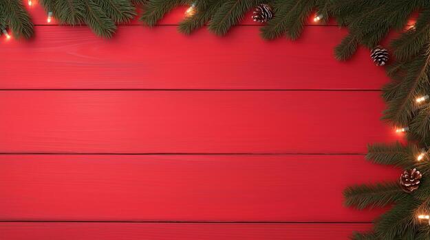 Christmas Frame Made of Fir Tree Branches and Garland Lights Bordering a Red Wooden Background, Creating a Festive Holiday Atmosphere with Pinecones, Illuminated for Seasonal Design and Decoration photo