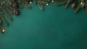 Festive Fir Tree Branches Garland With Pine Cones And Lights On Green Background Perfect For Christmas Or New Year Holiday Design With Elegant And Warm Seasonal Decoration Elements photo