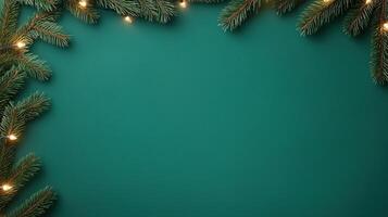 Festive Christmas Frame with Fir Tree Branches and Garland Lights on Green Background for Holiday Design photo