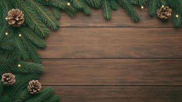 Festive Fir Tree Branch Garland with Pine Cones and Twinkling Lights on Wooden Background for Christmas Design photo